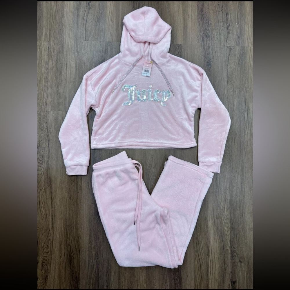 Juicy Couture 2 Piece Cozy Crop Loungewear Set Plush Pjs Size Medium Pink New